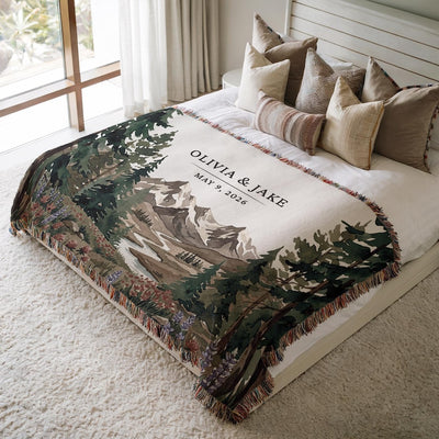Personalized National Park Woven Blanket Outdoorsy Couple Wedding Gift Forest Scene Adventurous Hiking