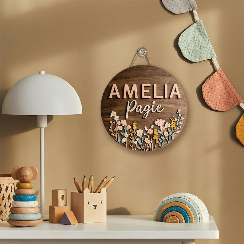 Personalized Floral Nursery Name Sign - Custom Round Wooden Plaque with Wildflowers Pastel Flowers - Boho Baby Girl Room Decor, Newborn