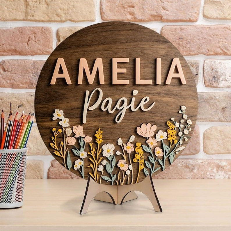 Personalized Floral Nursery Name Sign - Custom Round Wooden Plaque with Wildflowers Pastel Flowers - Boho Baby Girl Room Decor, Newborn