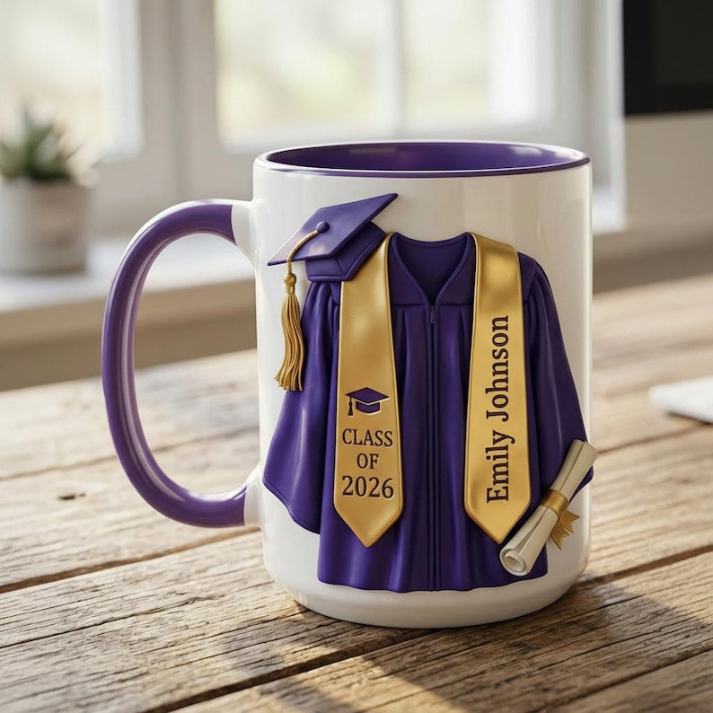 Personalized Graduation Mug, College Graduated, New Graduate Gift, Faux 3D Mug - Flat Surface