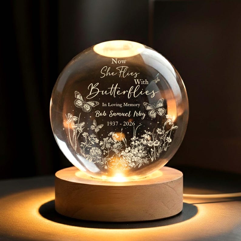 Now She Flies With Butterflies Memorial Crystal Ball Night Light, Loss of Mother Gift