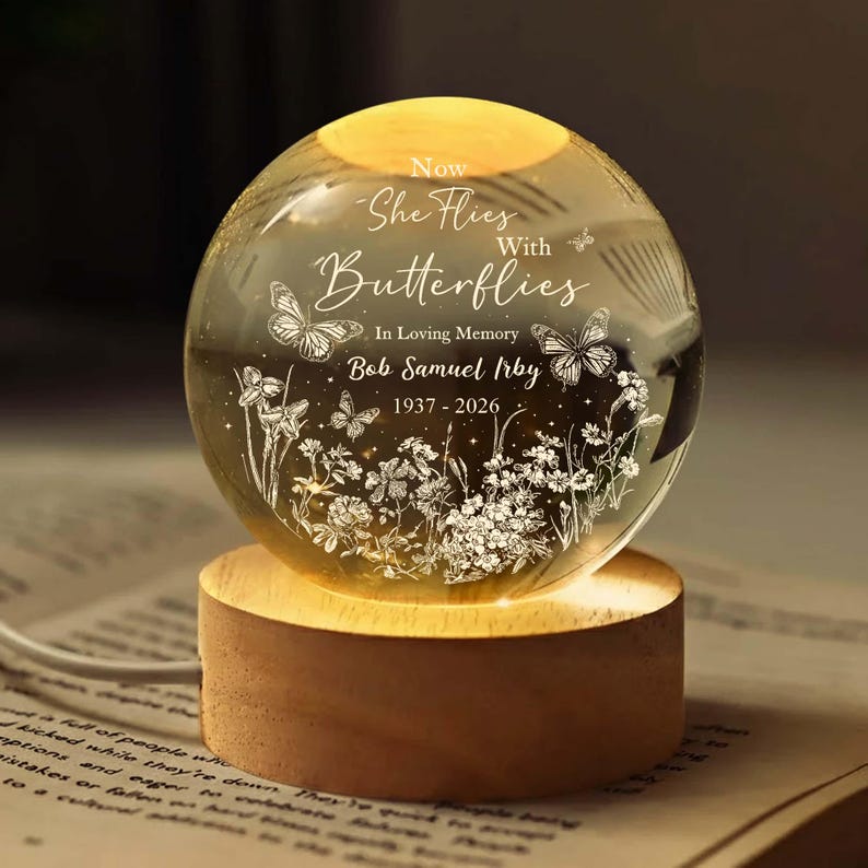 Now She Flies With Butterflies Memorial Crystal Ball Night Light, Loss of Mother Gift