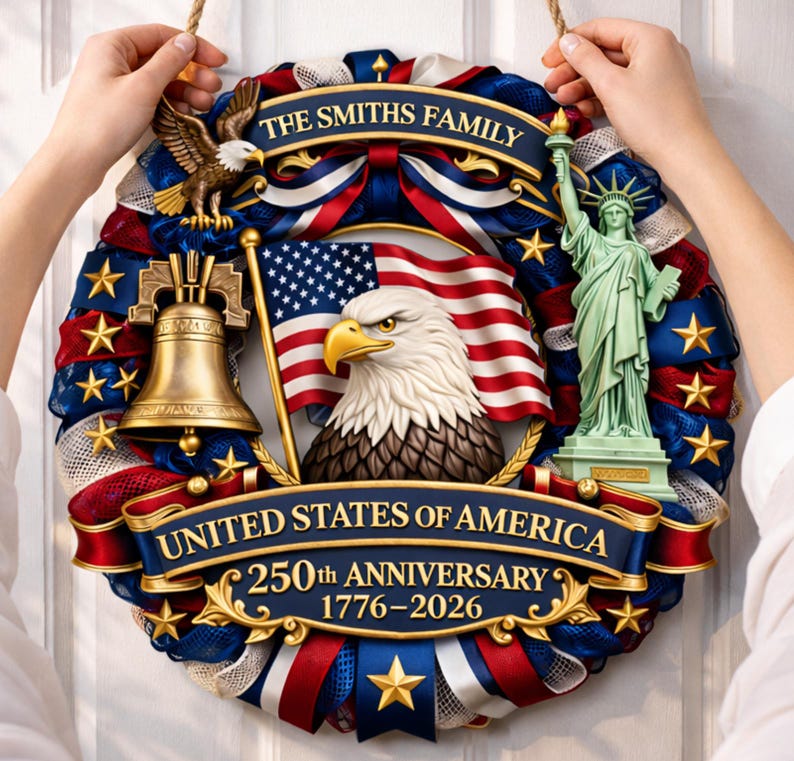 Personalized American 250th Anniversary Wood Wreath For Door Hanging, 1776-2026 Patriotic Door Sign, Family Name Decor