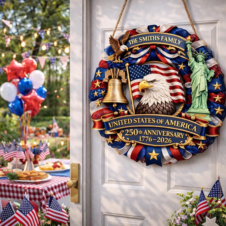 Personalized American 250th Anniversary Wood Wreath For Door Hanging, 1776-2026 Patriotic Door Sign, Family Name Decor