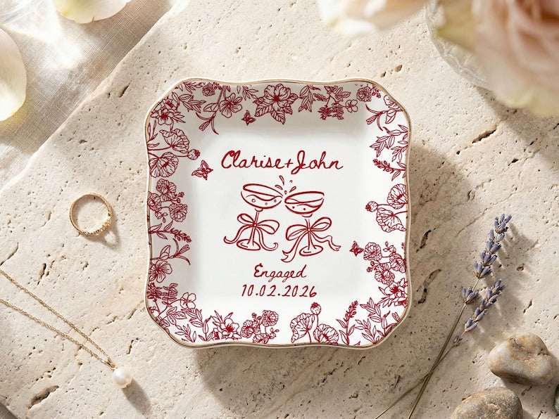 Personalized Engagement Ring Dish, Custom Couple Name Trinket Dish, Bridal Shower Gift