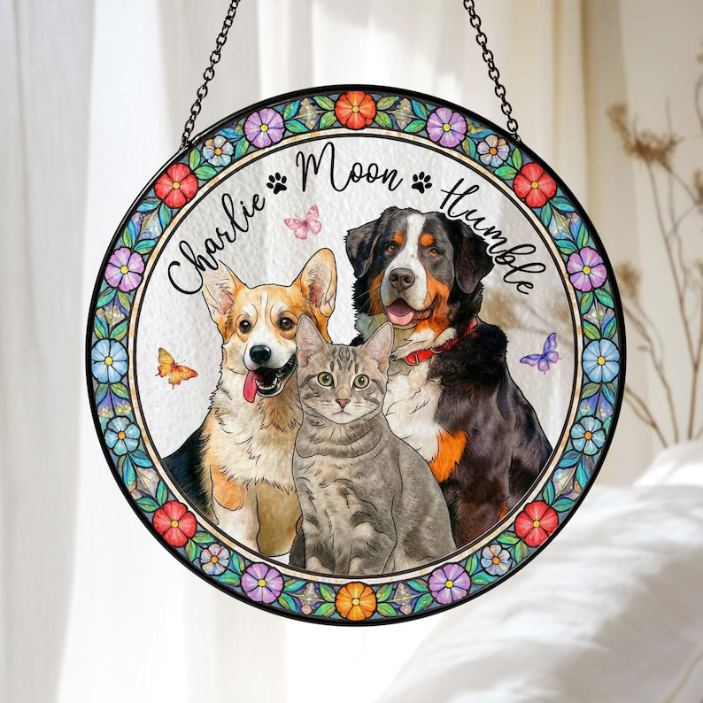Personalized Pet Photo Stained Glass, Custom Multiple Pets Portrait Suncatcher, Dog Cat Loss Keepsake, Gift for Pet Lover
