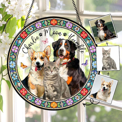 Personalized Pet Photo Stained Glass, Custom Multiple Pets Portrait Suncatcher, Dog Cat Loss Keepsake, Gift for Pet Lover
