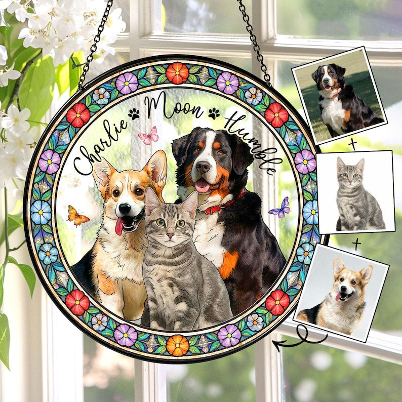 Personalized Pet Photo Stained Glass, Custom Multiple Pets Portrait Suncatcher, Dog Cat Loss Keepsake, Gift for Pet Lover