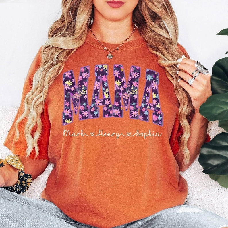 Floral Mama Shirt, Personalized Mama T-Shirt, Custom Mom Shirt With Kids Names, Mothers Day Gift