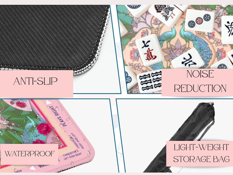 The Lucy Pink Peacock Mahjong Mat, Chinoiserie Instructional and Non Instructional Table Play Mat