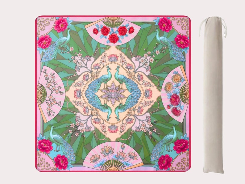 The Lucy Pink Peacock Mahjong Mat, Chinoiserie Instructional and Non Instructional Table Play Mat
