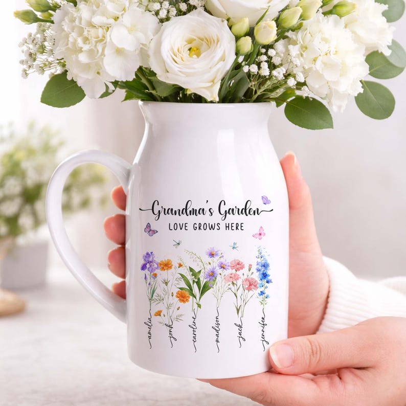 Personalized Grandmas Ceramic Flower Vase, Birth Month Flower Vase