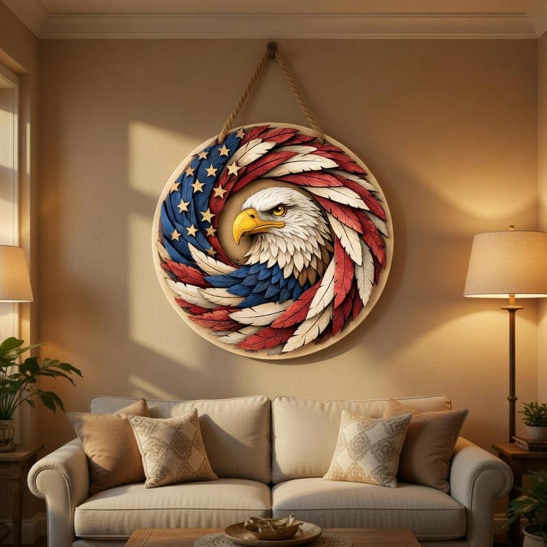 USA 250th Anniversary Wooden Sign, Patriotic Eagle Door Sign, Patriotic Door Hanging Decor, Fourth of July American Door Hanger