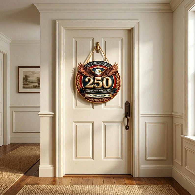 Personalized America 250th Anniversary Patriotuc Eagle Door Hanger, Custom Family Name Patriotic Sign, USA 1776–2026 Wall Decor