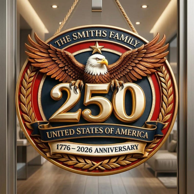 Personalized America 250th Anniversary Patriotuc Eagle Door Hanger, Custom Family Name Patriotic Sign, USA 1776–2026 Wall Decor