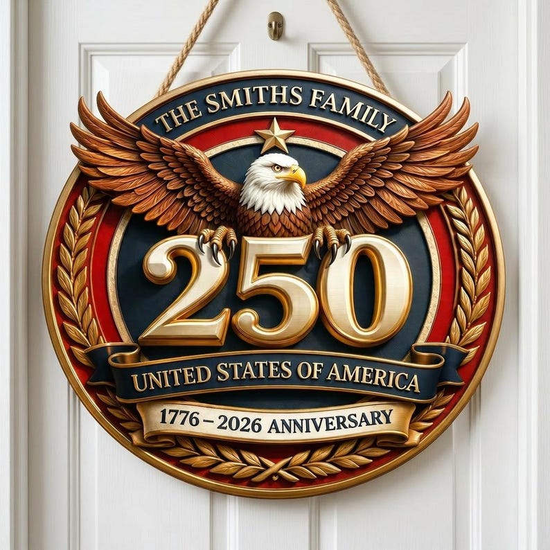 Personalized America 250th Anniversary Patriotuc Eagle Door Hanger, Custom Family Name Patriotic Sign, USA 1776–2026 Wall Decor