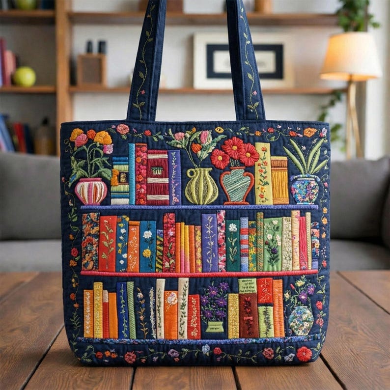 Book Lover Quilt Tote Bag, Floral Open Book Quilted Tote, Library Book Patchwork Tote Bag, Bookish Market Bag for Readers