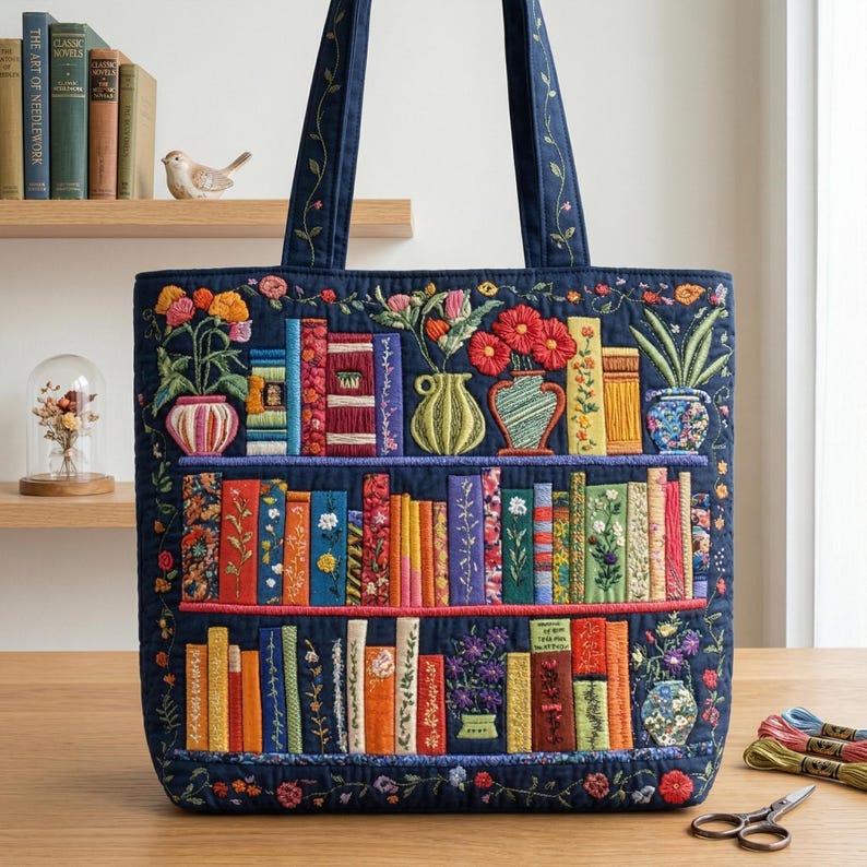 Book Lover Quilt Tote Bag, Floral Open Book Quilted Tote, Library Book Patchwork Tote Bag, Bookish Market Bag for Readers