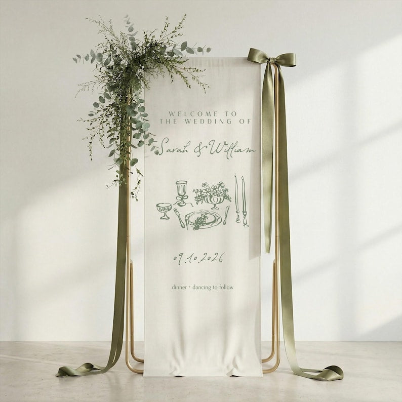 Custom Botanical Wedding Welcome Sign, Fabric Banner