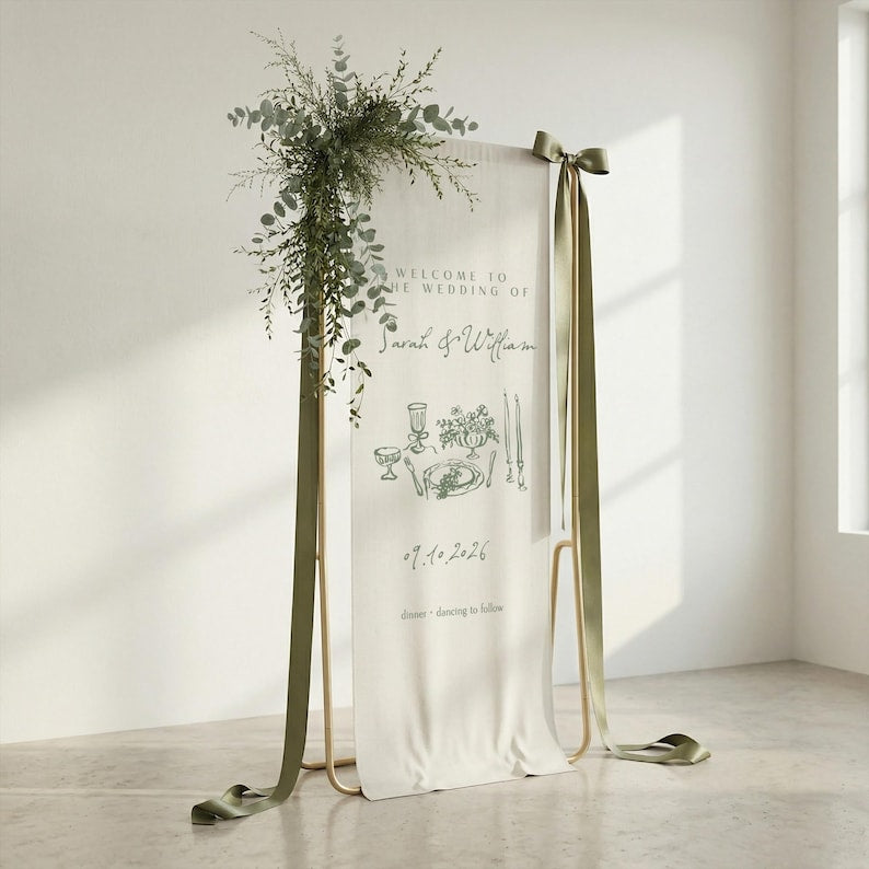 Custom Botanical Wedding Welcome Sign, Fabric Banner
