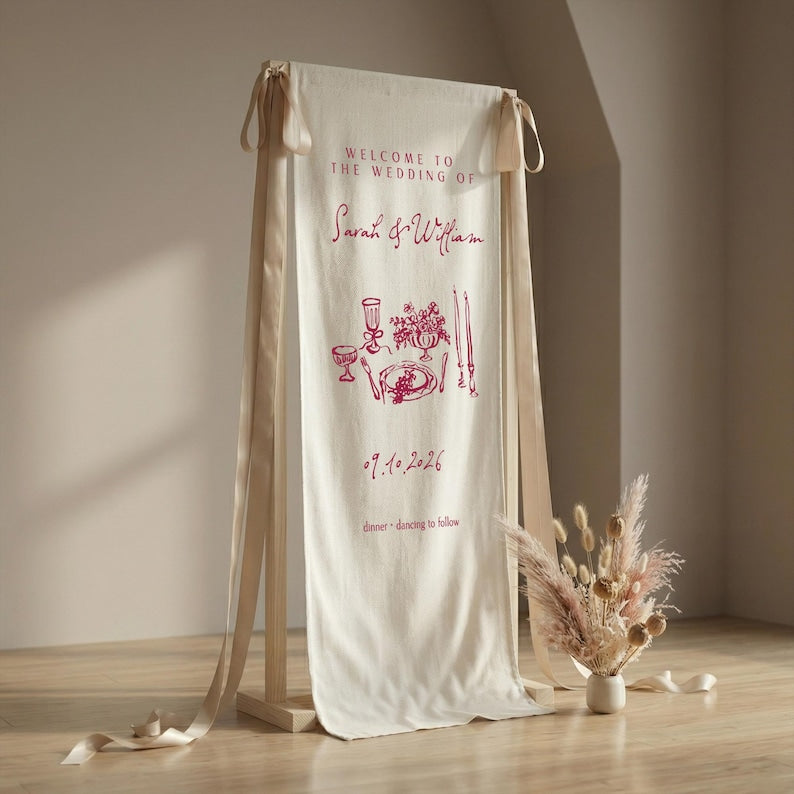 Custom Botanical Wedding Welcome Sign, Fabric Banner