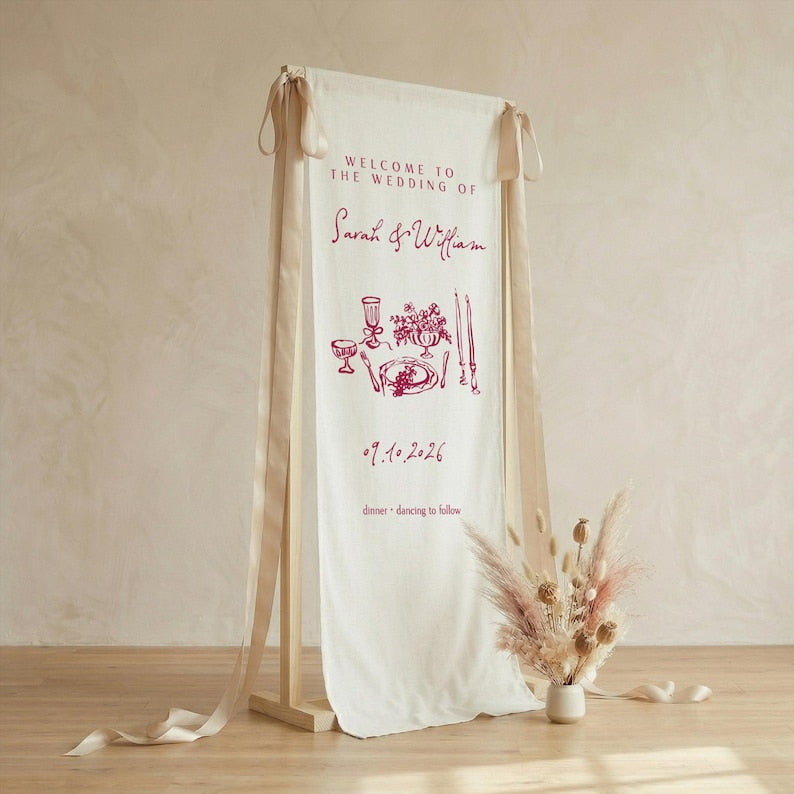 Custom Botanical Wedding Welcome Sign, Fabric Banner