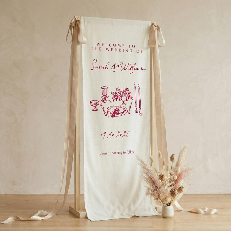 Custom Botanical Wedding Welcome Sign, Fabric Banner