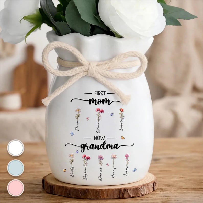 Personalized First Mom Now Grandma Birth Flower Vase, Custom Family Name Vase