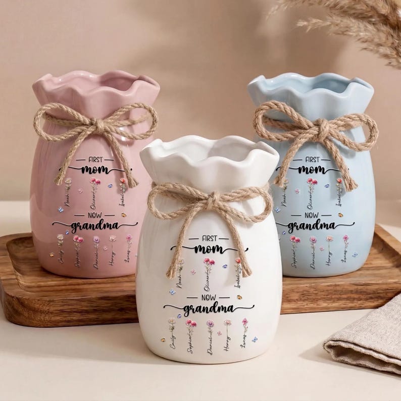Personalized First Mom Now Grandma Birth Flower Vase, Custom Family Name Vase