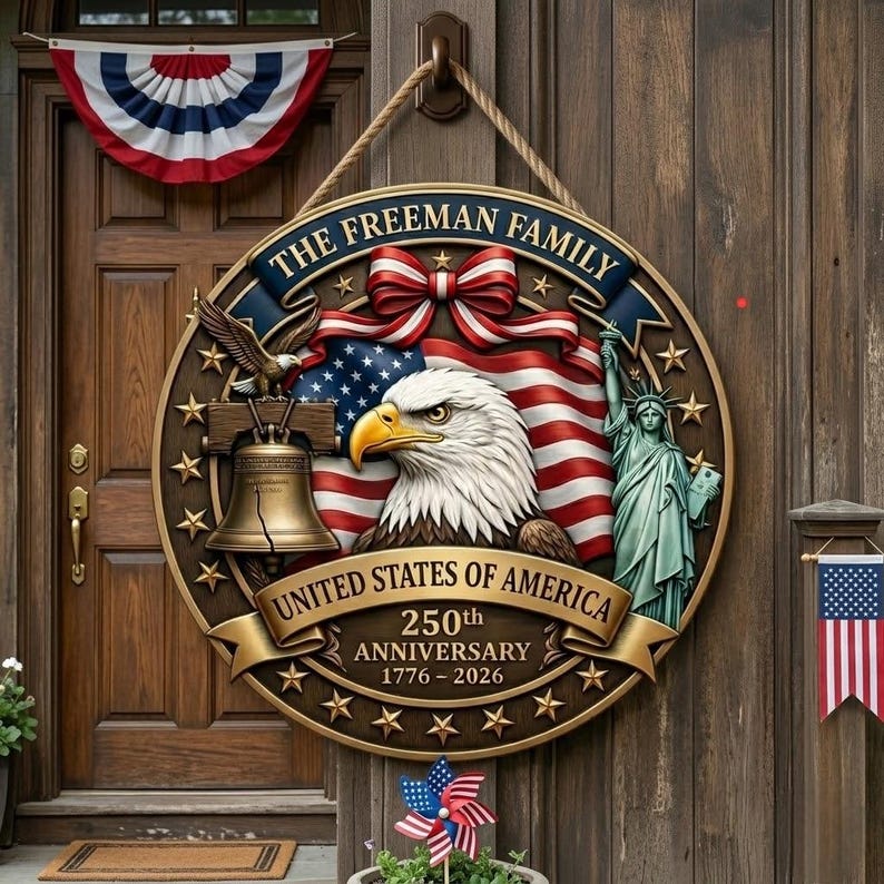 Personalized USA 250th Anniversary Wood Sign, Patriotic Family Name Door Hanger, 1776-2026 American Decor