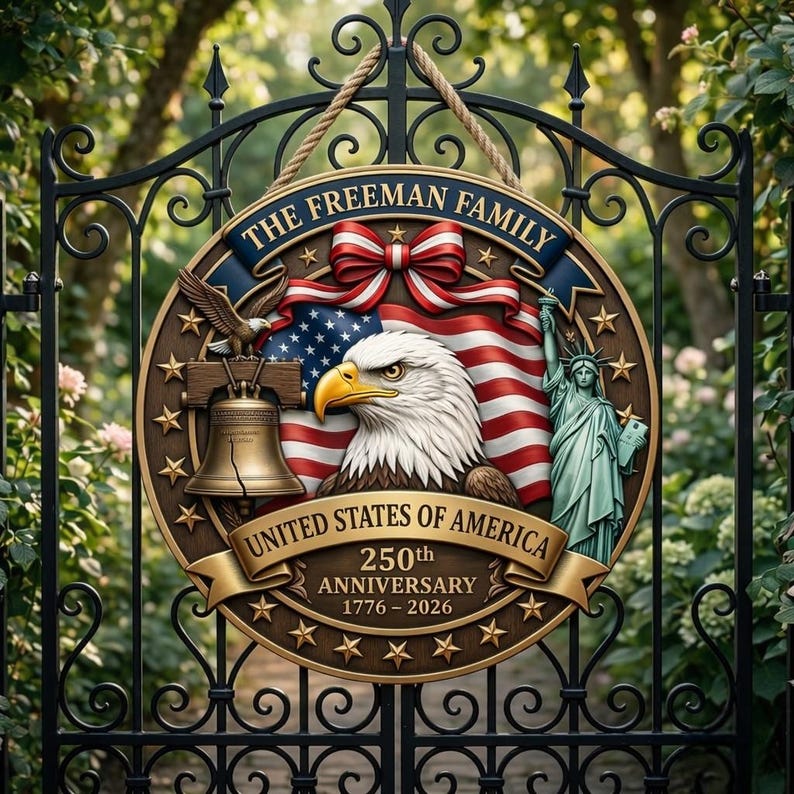 Personalized USA 250th Anniversary Wood Sign, Patriotic Family Name Door Hanger, 1776-2026 American Decor