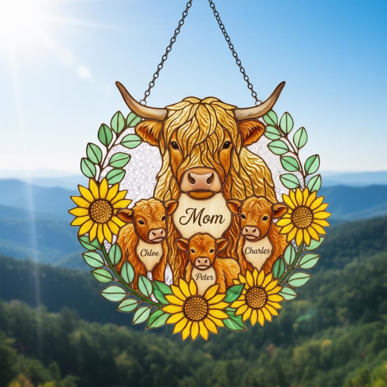 Personalized Highland Cow Family Acrylic Suncatcher, Custom Names Mother's Day Gift