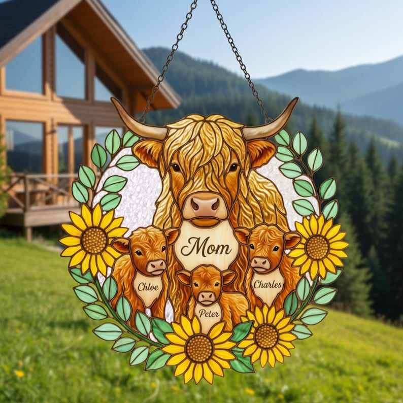 Personalized Highland Cow Family Acrylic Suncatcher, Custom Names Mother's Day Gift