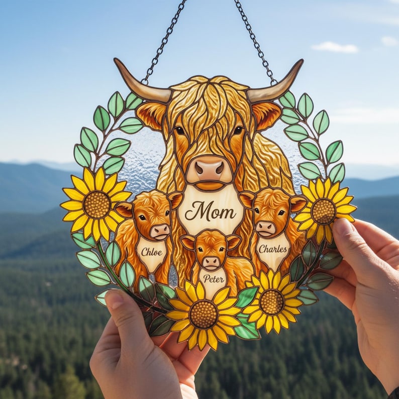 Personalized Highland Cow Family Acrylic Suncatcher, Custom Names Mother's Day Gift