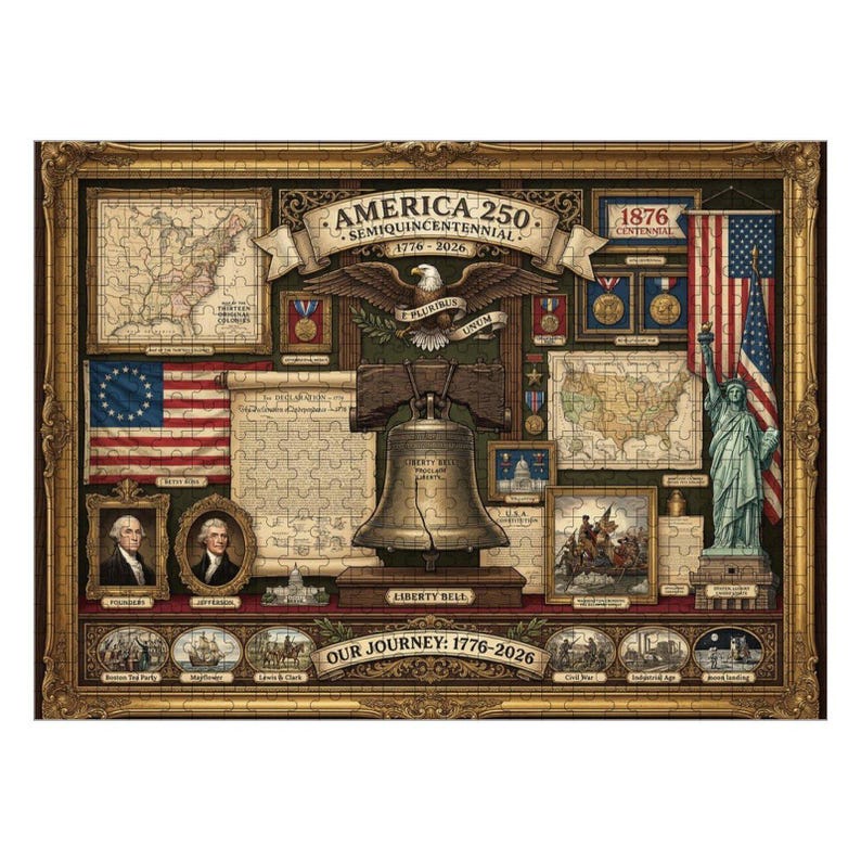 America 250th Anniversary Puzzle, Liberty Bell Patriotic Jigsaw, Vintage US History Collage