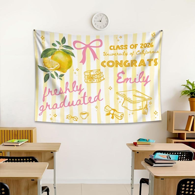 Custom Freshly Graduated, 2026 Graduation Backdrop, Graduation Party Decorations, Class of 2026 Sign, Graduation Party Welcome Tapestry
