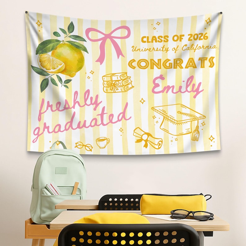 Custom Freshly Graduated, 2026 Graduation Backdrop, Graduation Party Decorations, Class of 2026 Sign, Graduation Party Welcome Tapestry