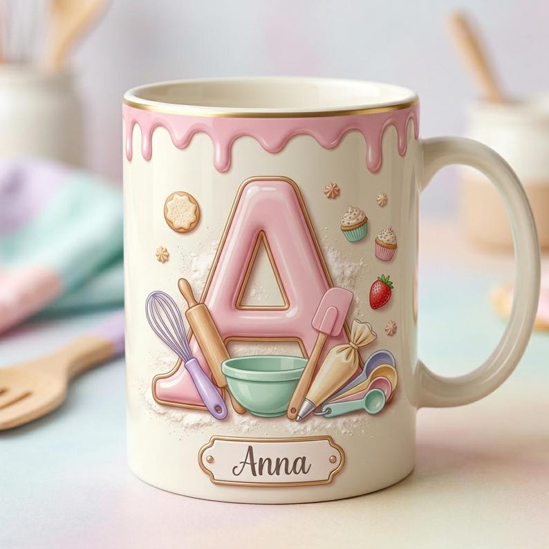 Custom Name Baker Mug, Personalized Mug For Baker, Faux 3D Effect Baking Tools Design, Kitchen Gift