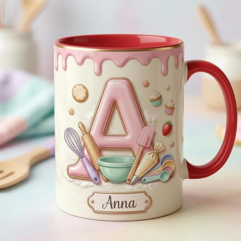Custom Name Baker Mug, Personalized Mug For Baker, Faux 3D Effect Baking Tools Design, Kitchen Gift