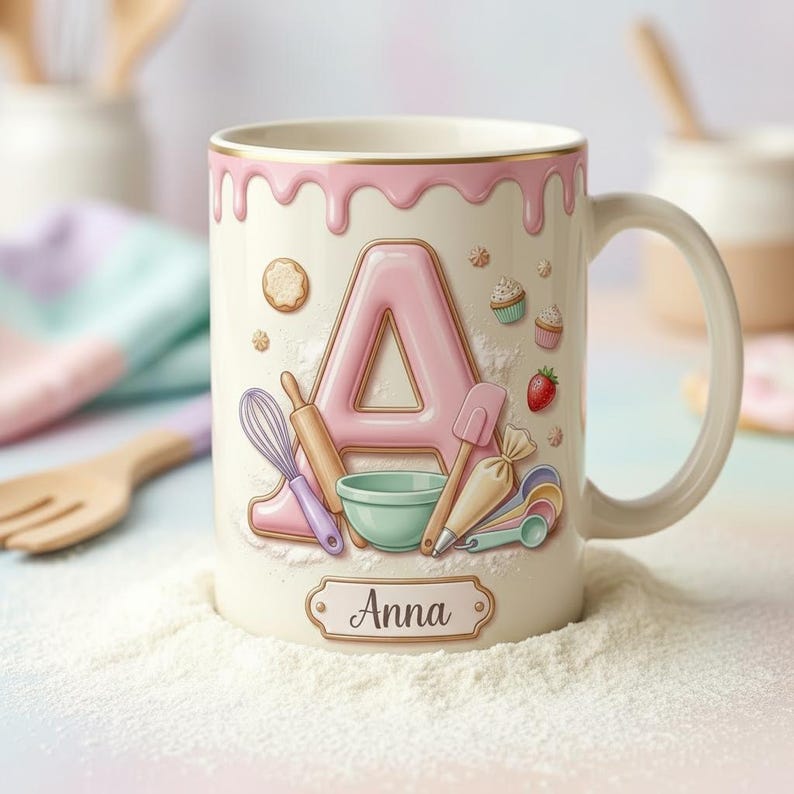 Custom Name Baker Mug, Personalized Mug For Baker, Faux 3D Effect Baking Tools Design, Kitchen Gift