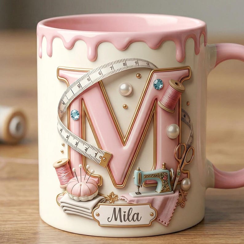 Custom Name Sewing Lover Mug, Faux 3D Effect Custom Craft Coffee Mug, Cute Sewing Lover Gift, Handmade Style Mug, 2D Flat Mug