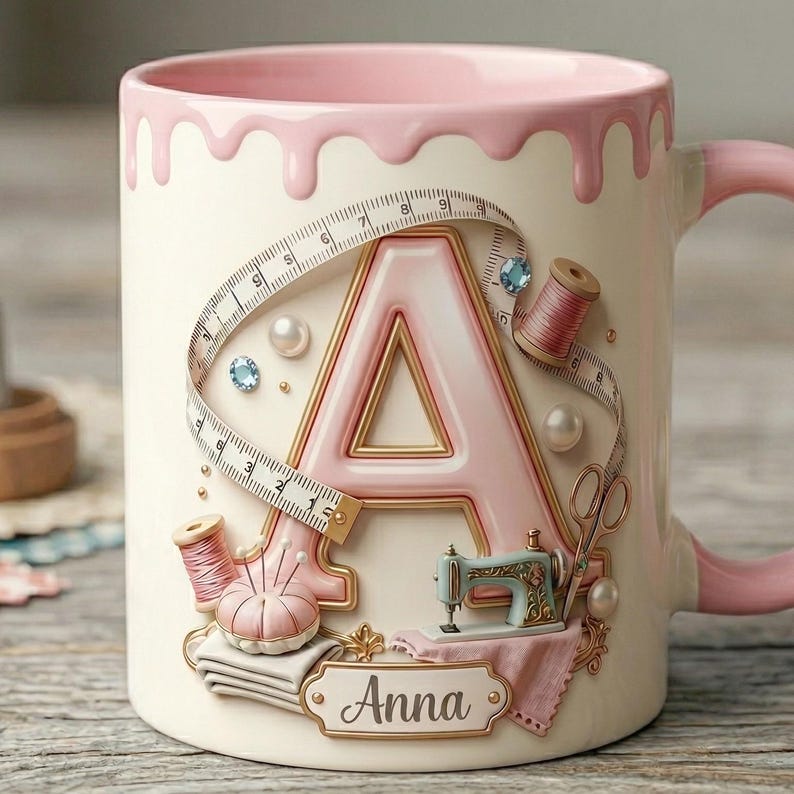 Custom Name Sewing Lover Mug, Faux 3D Effect Custom Craft Coffee Mug, Cute Sewing Lover Gift, Handmade Style Mug, 2D Flat Mug