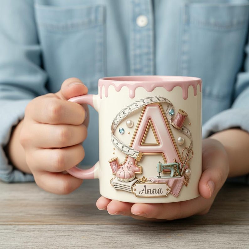 Custom Name Sewing Lover Mug, Faux 3D Effect Custom Craft Coffee Mug, Cute Sewing Lover Gift, Handmade Style Mug, 2D Flat Mug