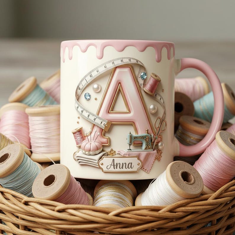 Custom Name Sewing Lover Mug, Faux 3D Effect Custom Craft Coffee Mug, Cute Sewing Lover Gift, Handmade Style Mug, 2D Flat Mug