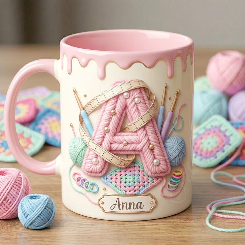 Custom Name Crochet Lover Mug, Faux 3D Effect Accent Mug, Gift For Crochet Lovers