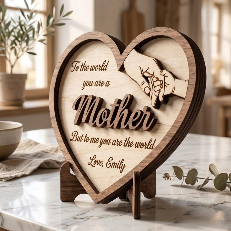 Personalized Wooden Heart Sign, Mother Gift, Engraved Mom Plaque, Custom Name Sign, Holding Hands Design, Mother’s Day Gift, Family Keepsake