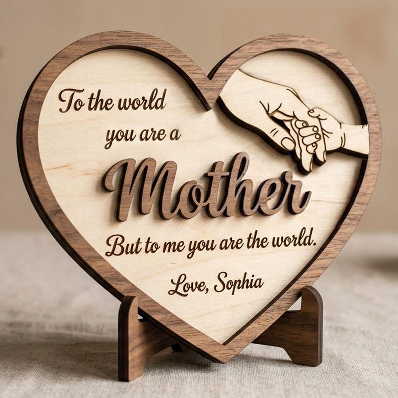 Personalized Wooden Heart Sign, Mother Gift, Engraved Mom Plaque, Custom Name Sign, Holding Hands Design, Mother’s Day Gift, Family Keepsake