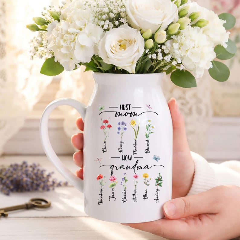 Custom First Mom Now Grandma Vase, Personalized Birth Month Flower Mothers Day Gift