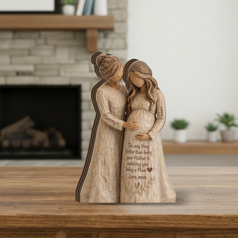 Personalized Pregnant Mom Figurine Wooden Block, Mother and Daughter Sculpture