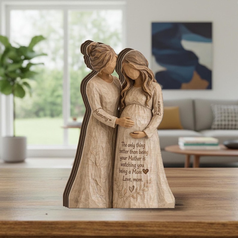 Personalized Pregnant Mom Figurine Wooden Block, Mother and Daughter Sculpture